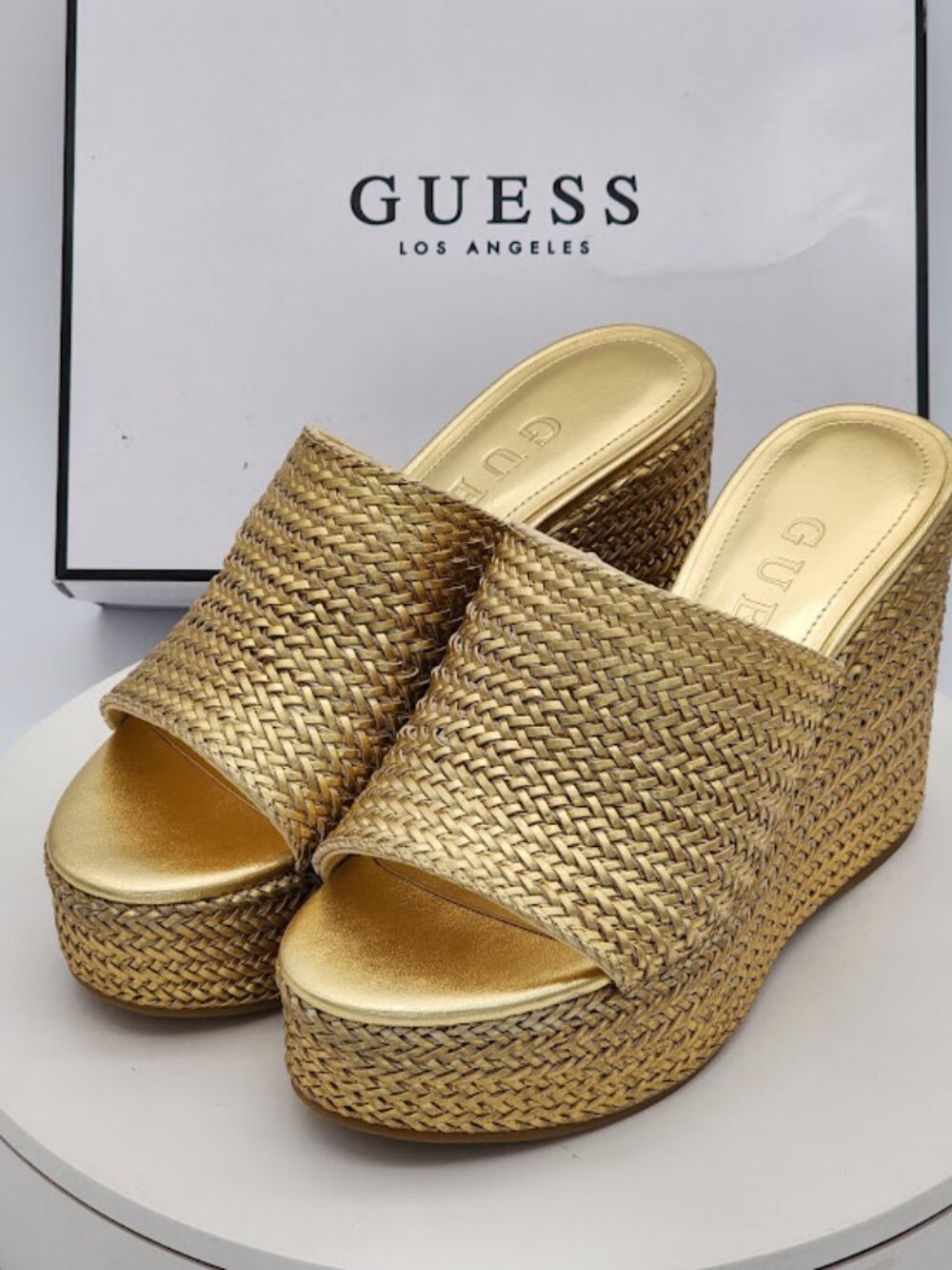 GUESS Yenisa Gold Woven Platform Wedge Slide Sandals Women's Size 7 M - Picture 6 of 9